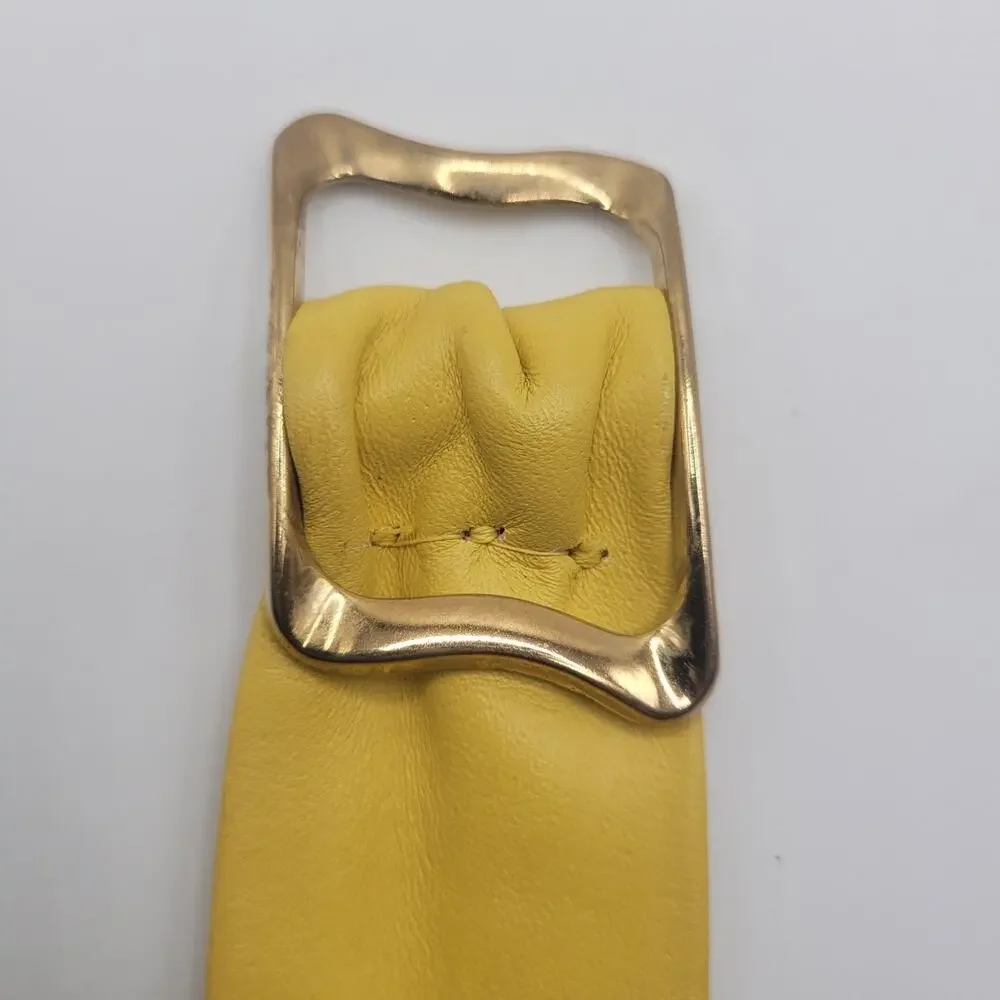 VTG Yellow Leather Belt Medium Wide Waist Gold Sculptural Buckle Boho Statement